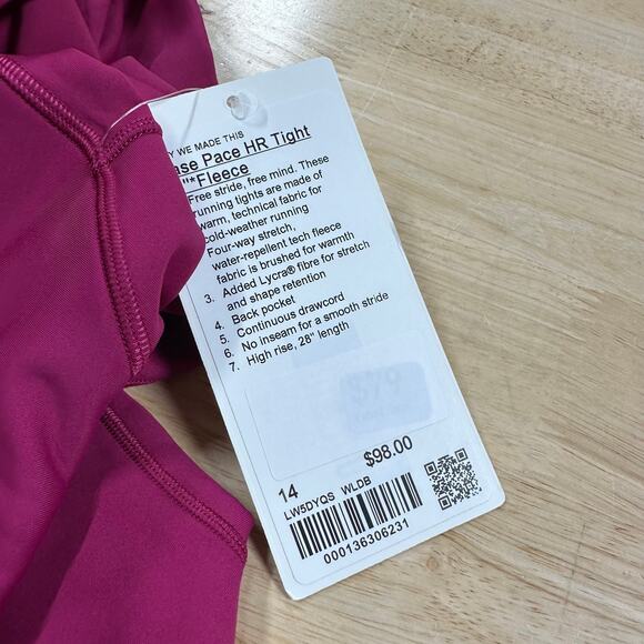 Lululemon Base Pace High-Rise Fleece Tight 28" Wild Berry Women's Size 14 NWT - Picture 7 of 11